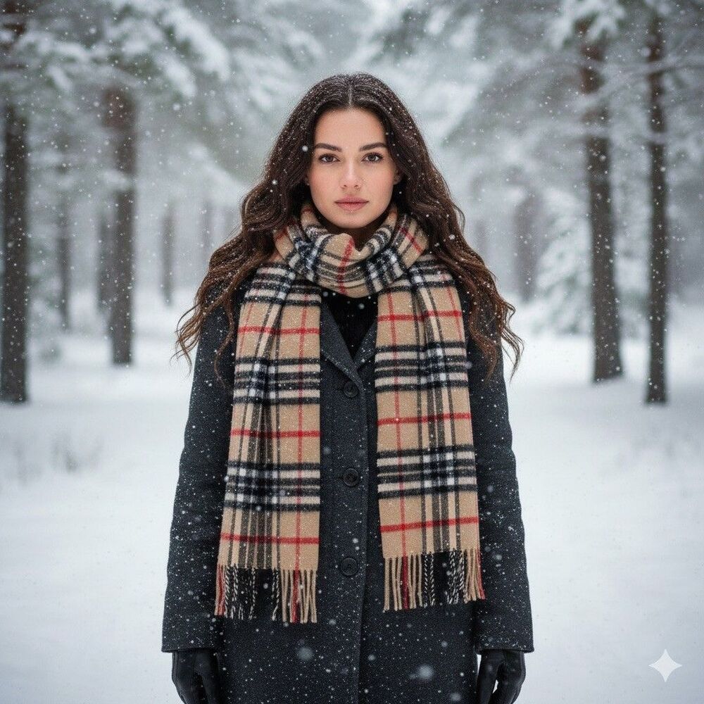 Lochmere Scotland Nova Check Cashmere Blend Natural Check Scarf Preppy Academic